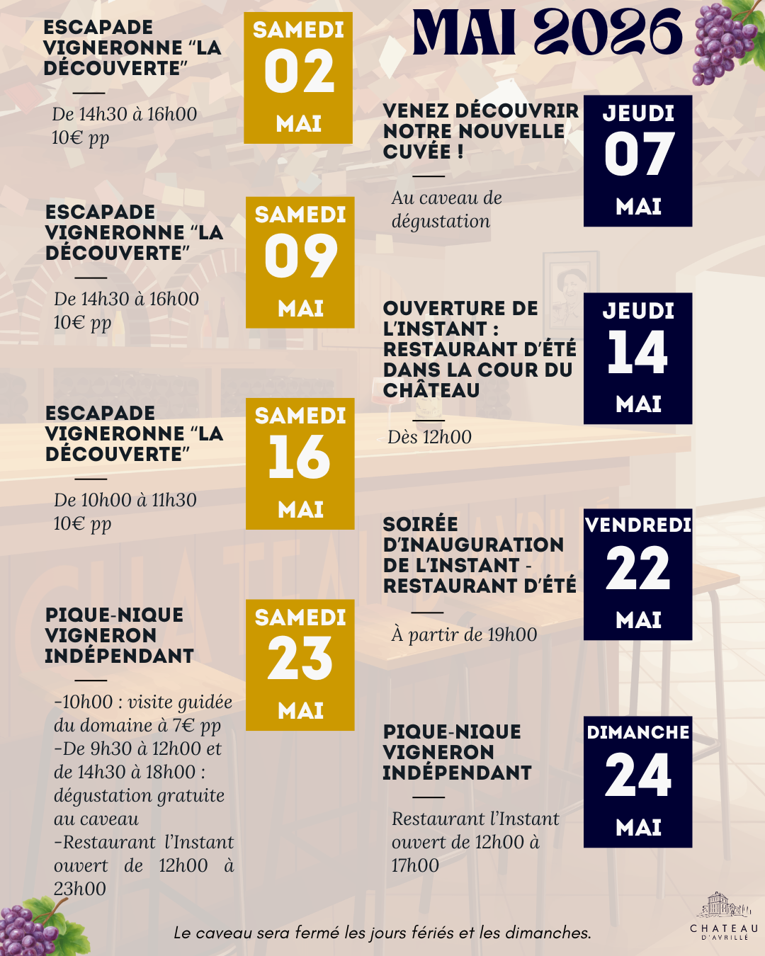 programme de mai 2026 du domaine viticole biotteau vigneron indépendant